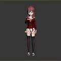 Game Movie Character with Pink Long Hair Blue Eyes Red Striped Sweater and White Skirt