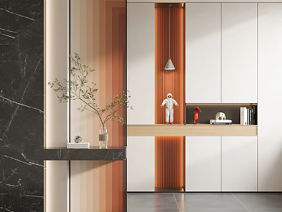 Modern Foyer Hallway With Plants Cabinets Wooden Slats Marble Wall 3d model