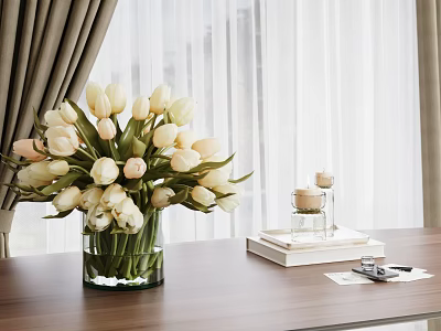 White and Pink Tulips in Glass Vase on Wooden Table with Candles and Window Background 3d model