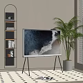 Stylish Modern TV on Stand in Living Room With Plant and Bookshelf
