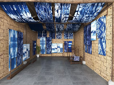 Blue calico ceiling tie-dye non-heritage culture exhibition hall gauze curtain decoration ceiling exhibition hall ceiling blue calico ceiling decoration special-shaped curtain ceiling tie-dye embroidery non 3d model