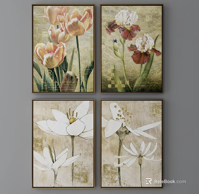 Four Botanical Paintings With Flower Themes Vintage Texture Wall Decor Art 3d model 