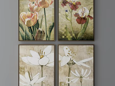 Four Botanical Paintings With Flower Themes Vintage Texture Wall Decor Art 3d model