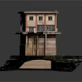 Two Story Building Model With Yellow Brown Exterior Red Window Frames Extended Platform Green Moss
