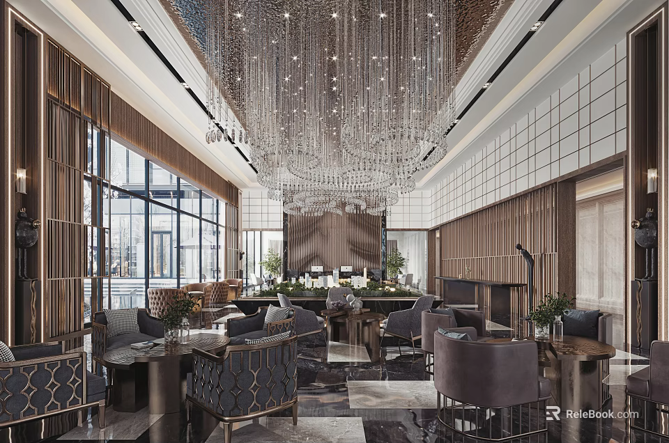 Elegant Modern Sales Office Interior With Crystal Chandelier Large Windows And Stylish Furniture 3d model 