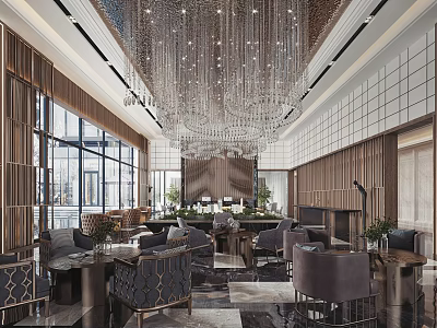 Elegant Modern Sales Office Interior With Crystal Chandelier Large Windows And Stylish Furniture 3d model