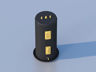 Black Cylindrical Industrial Equipment with Yellow Protrusions and Rectangular Panels on Circular Base 3d model