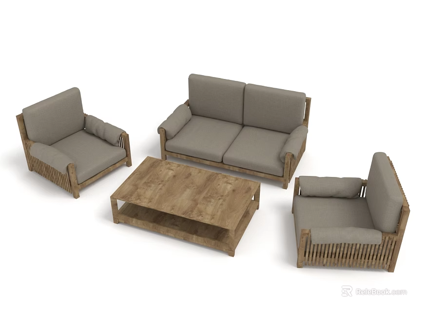 Modern Sofa Coffee Table Set With Wooden Frame And Light Gray Cushions 3d model 