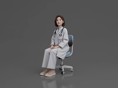 A Woman Doctor In White Coat With Stethoscope Sitting On Chair Against Gray Background 3d model