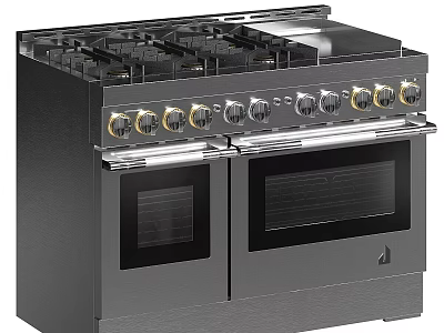 Stainless Steel Double Oven Gas Range With Multiple Control Knobs For Modern Kitchens 3d model