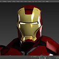 Iron Man Movie and Game Character with Red Gold Armor Standing on Black Base