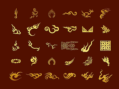 Various Traditional Golden Ornamental Patterns on Red Background for Decor Use 3d model