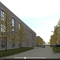 Modern Industrial Factory Building Exterior With Green Trees And Wide Road