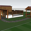 Wooden Pergola Structure With Covered Walkway Near Soccer Field And Building