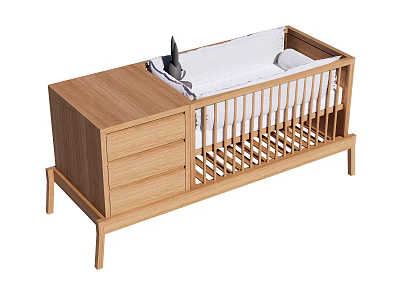 Wooden Baby Crib in Modern Design with Storage Drawer White Mattress and Slatted Rails 3d model