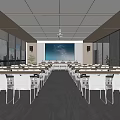 Modern Conference Room Interior With Large Windows Projector Screen Long Tables And Gray Carpet