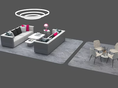 Modern Gray Sofa And Coffee Table Set With Pink Cushions Area Rug And Round Chandelier 3d model