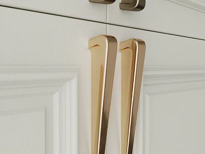 Golden Cabinet Handles With Sleek Design On White Kitchen Cabinet Doors 3d model