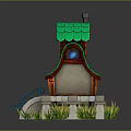Cartoon House with Green Wavy Roof Round Windows Brown Door White Steps and Blue Railings