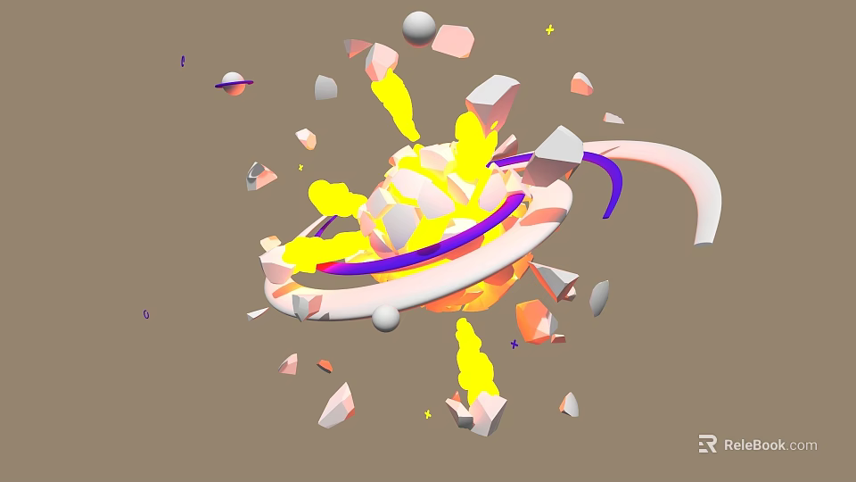 Ornamental Decoration Combination with yellow light effects purple white rings scattered geometric fragments gray background 3d model 