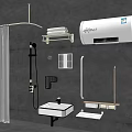 Modern Shower Head with Bathroom Accessories Including Shower Curtain Towel Rack and Sink Basin