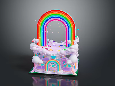 Dreamy Scenic View with Rainbow Arch Cloud Decorations Colorful Balloons Vibrant Pink Purple Blue Hues 3d model