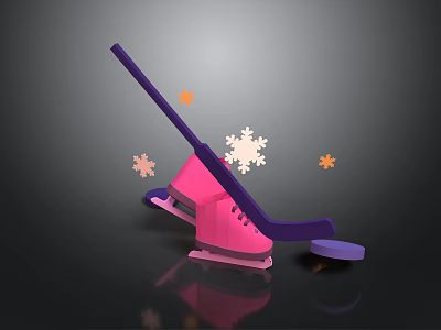 Pink Ice Skates And Purple Hockey Stick With Puck Snowflakes And Orange Decorations 3d model