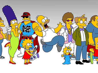 Group of Animated Simpsons Characters with Diverse Poses in Casual Attire Standing Together 3d model