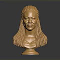 Golden Human Bust Sculpture With Shiny Braided Hair And Smooth Base Against Dark Background