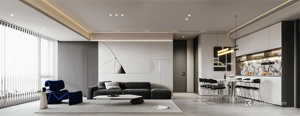 Modern Restaurant Interior Design With Open Layout Sofa Seating And Dining Table 3d model 