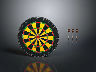 Round Dartboard With Colorful Numbered Segments And Three Metal Darts 3d model