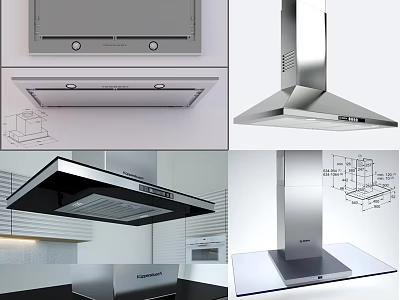 Modern Kitchen Appliances Featuring Stainless Steel Range Hoods With Various Designs And Structural Diagrams 3d model