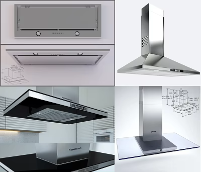 Modern Kitchen Appliances Featuring Stainless Steel Range Hoods With Various Designs And Structural Diagrams 3d model