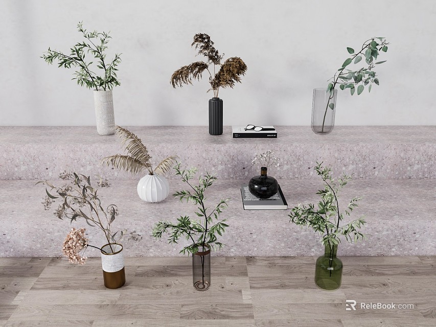 Various Floral Vases with Greenery and Ferns Arranged on Stone Steps 3d model 