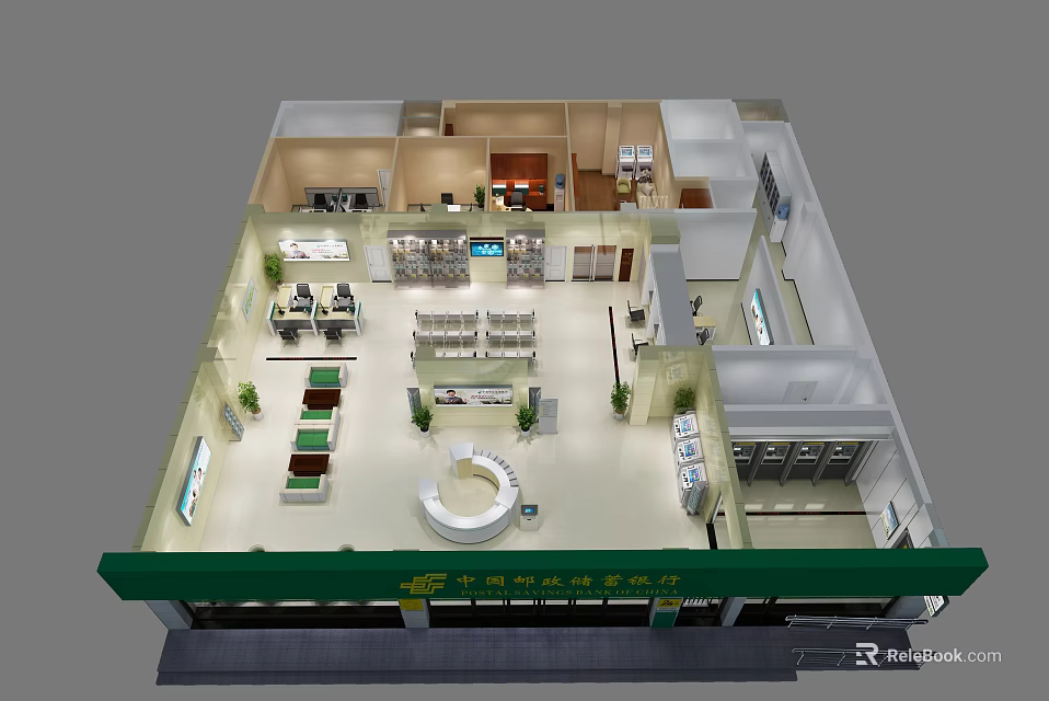 Birds Eye View Of Pharmacy Interior Layout With Shelves Counter And Green Plants 3d model 