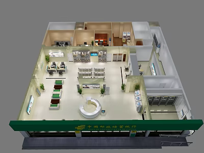 Birds Eye View Of Pharmacy Interior Layout With Shelves Counter And Green Plants 3d model