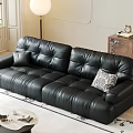 Modern Living Room Interior With Black Leather Sofa Round Floor Lamp Throw Pillows And Coffee Table