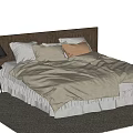 Double Bed with Wooden Headboard Gray Beige Pillows Fringed Bedspread on Rug with Black Lamp