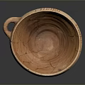 Ancient Handcrafted Clay Bowl Sculpture With Carved Lines Cracks And Handle