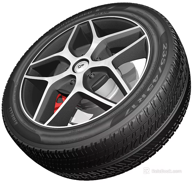 Car Tire With Silver Multi Spoke Wheel Rim Red Brake Caliper And Tread Pattern 3d model