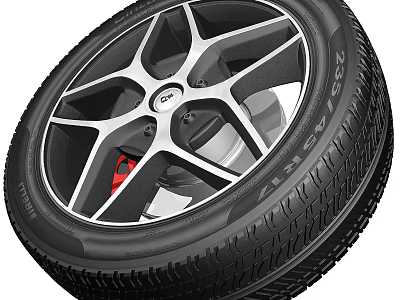 Car Tire With Silver Multi Spoke Wheel Rim Red Brake Caliper And Tread Pattern 3d model