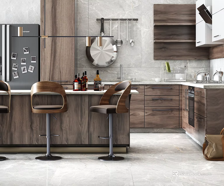 Modern Kitchen Interior With Dark Wooden Cabinets Island Counter And Bar Stools 3d model 