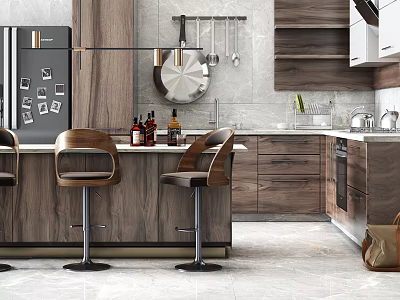 Modern Kitchen Interior With Dark Wooden Cabinets Island Counter And Bar Stools 3d model