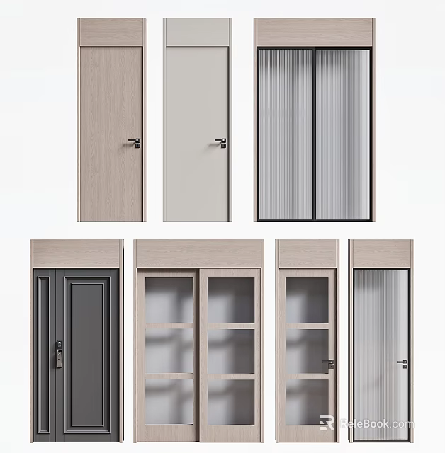 Contemporary Hinged Doors With Wooden And Glass Panel Designs In Multiple Color Options 3d model 