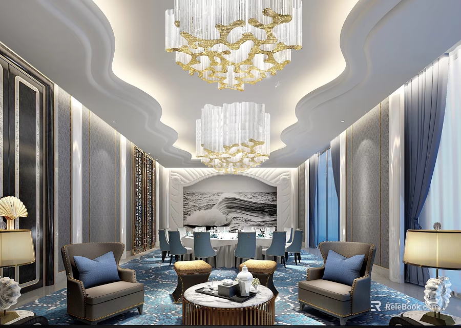 Luxury Private Room With Crystal Chandeliers Sofas Decorative Painting Blue Carpet And Curtains 3d model 