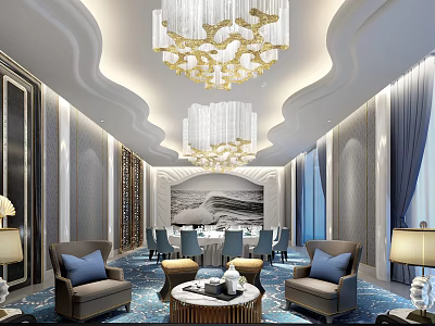 Luxury Private Room With Crystal Chandeliers Sofas Decorative Painting Blue Carpet And Curtains 3d model