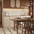 Modern Wooden Dining Table And Chairs Set In Kitchen With Tile Wall And Cabinets