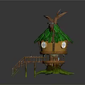 European Architecture Treehouse with Green Thatched Roof Round Window and Wooden Ladder Supports