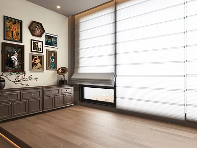White Window Blinds In Modern Interior Design With Wall Art Dark Cabinets And Wooden Floors 3d model