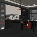 Modern Restaurant Kitchen Area With Marble Island Counter Cabinets Hanging Lights And Window Blinds